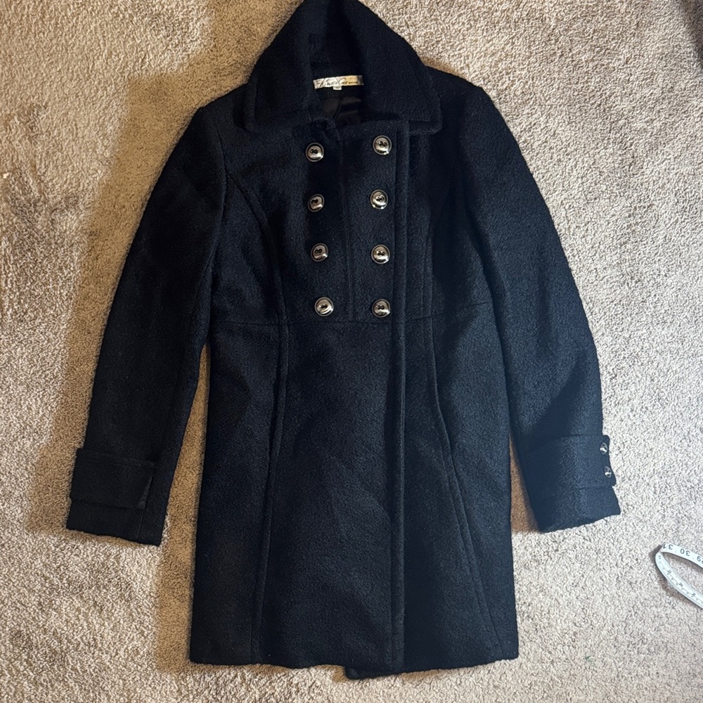 Kenneth Cole 10 women’s black boiled wool military pea coat winter dressy warm